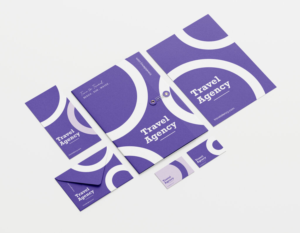Travel agency brand identity mockup featuring brochure, folder, envelope, business cards, and promotional stationery in a modern purple theme.