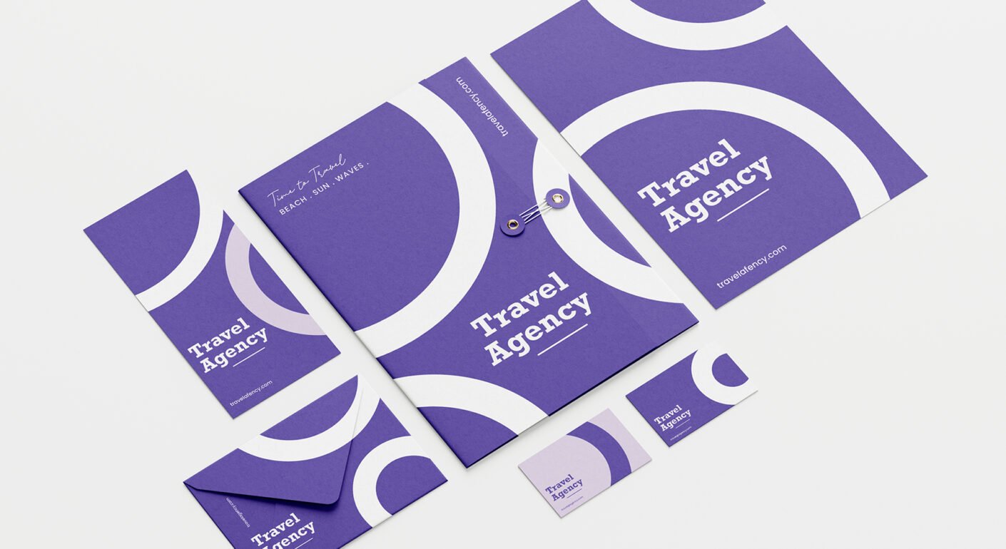 Travel agency brand identity mockup featuring brochure, folder, envelope, business cards, and promotional stationery in a modern purple theme.