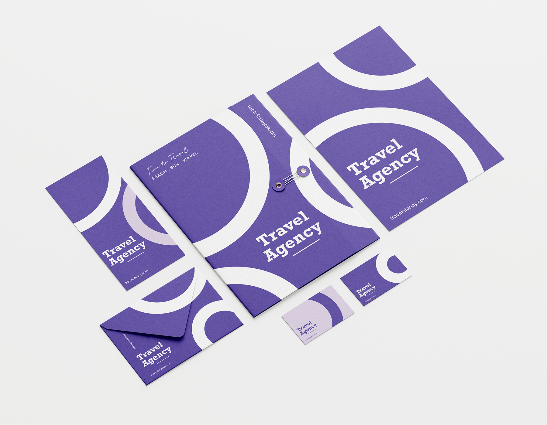 Travel agency brand identity mockup featuring brochure, folder, envelope, business cards, and promotional stationery in a modern purple theme.