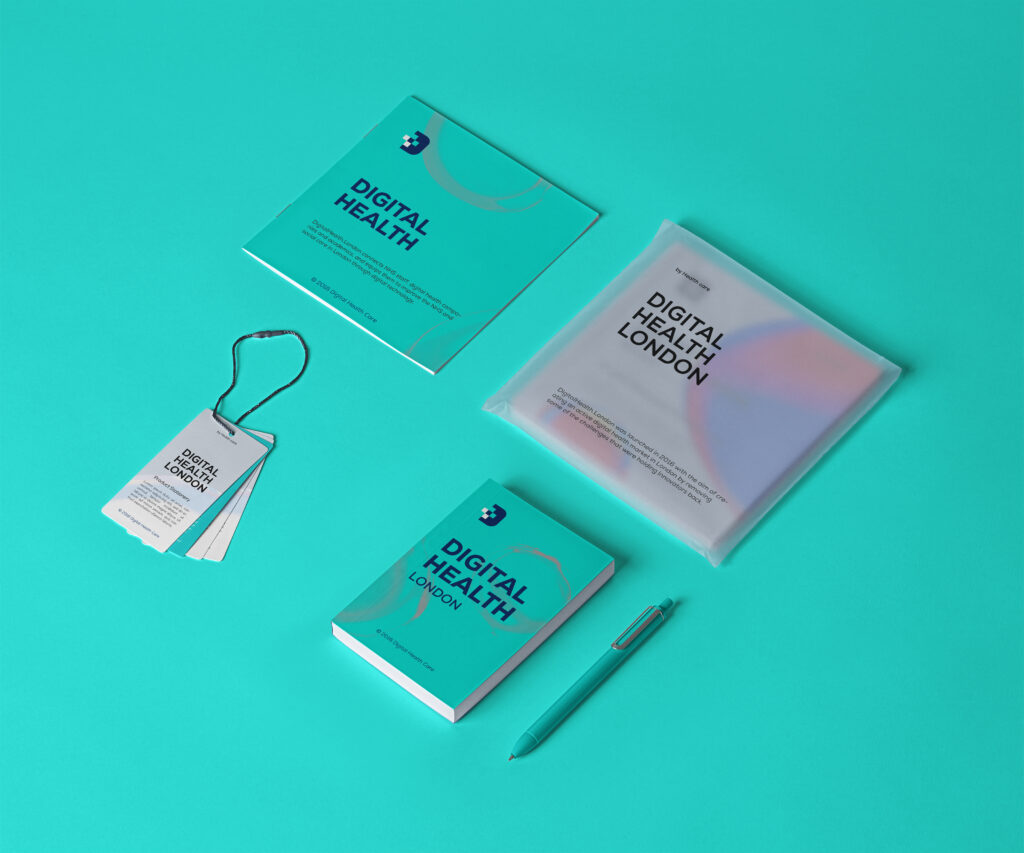 Digital health branding mockup featuring brochure, notebook, ID cards, packaging, and stationery in a modern turquoise color scheme.