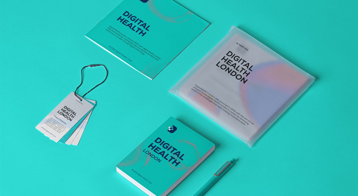 Digital health branding mockup featuring brochure, notebook, ID cards, packaging, and stationery in a modern turquoise color scheme.