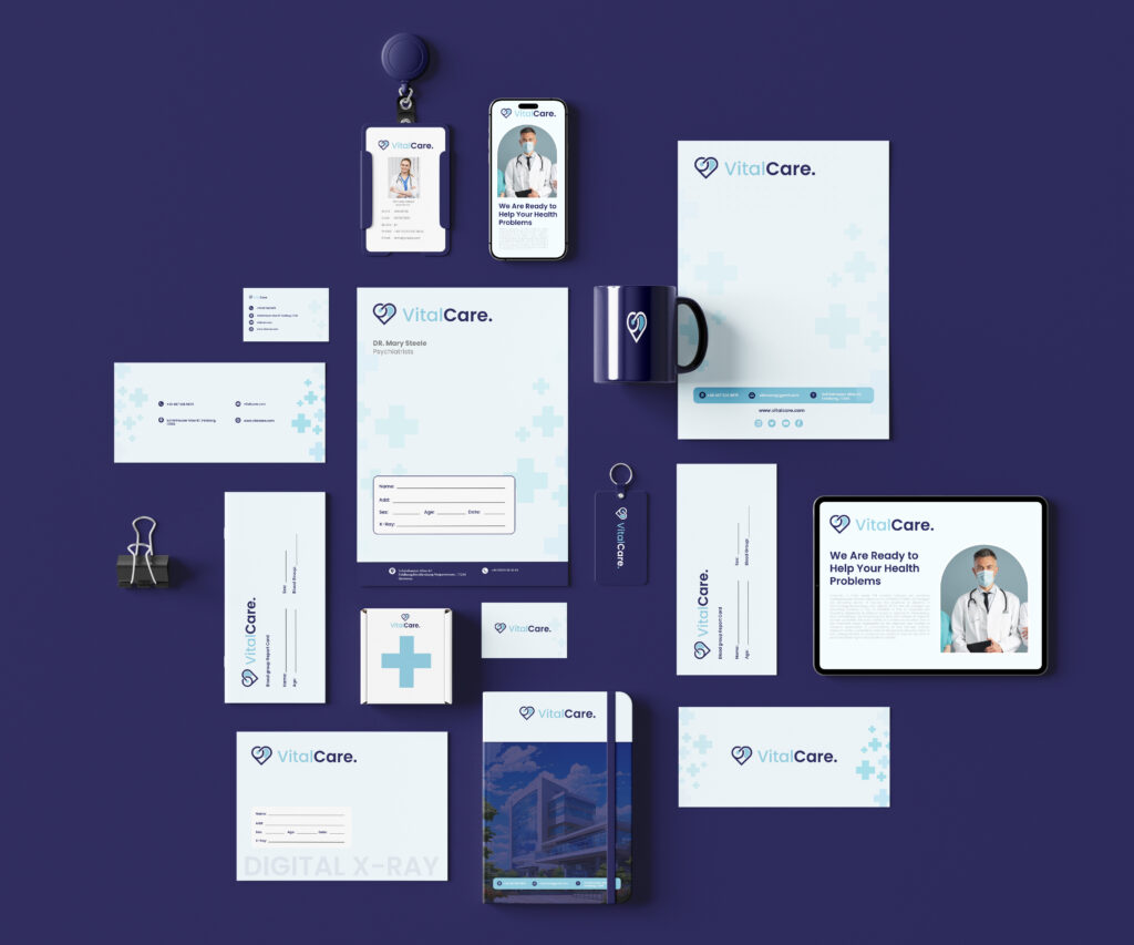 Healthcare brand identity mockup featuring medical stationery, ID cards, mobile app screens, packaging, and digital healthcare branding assets.