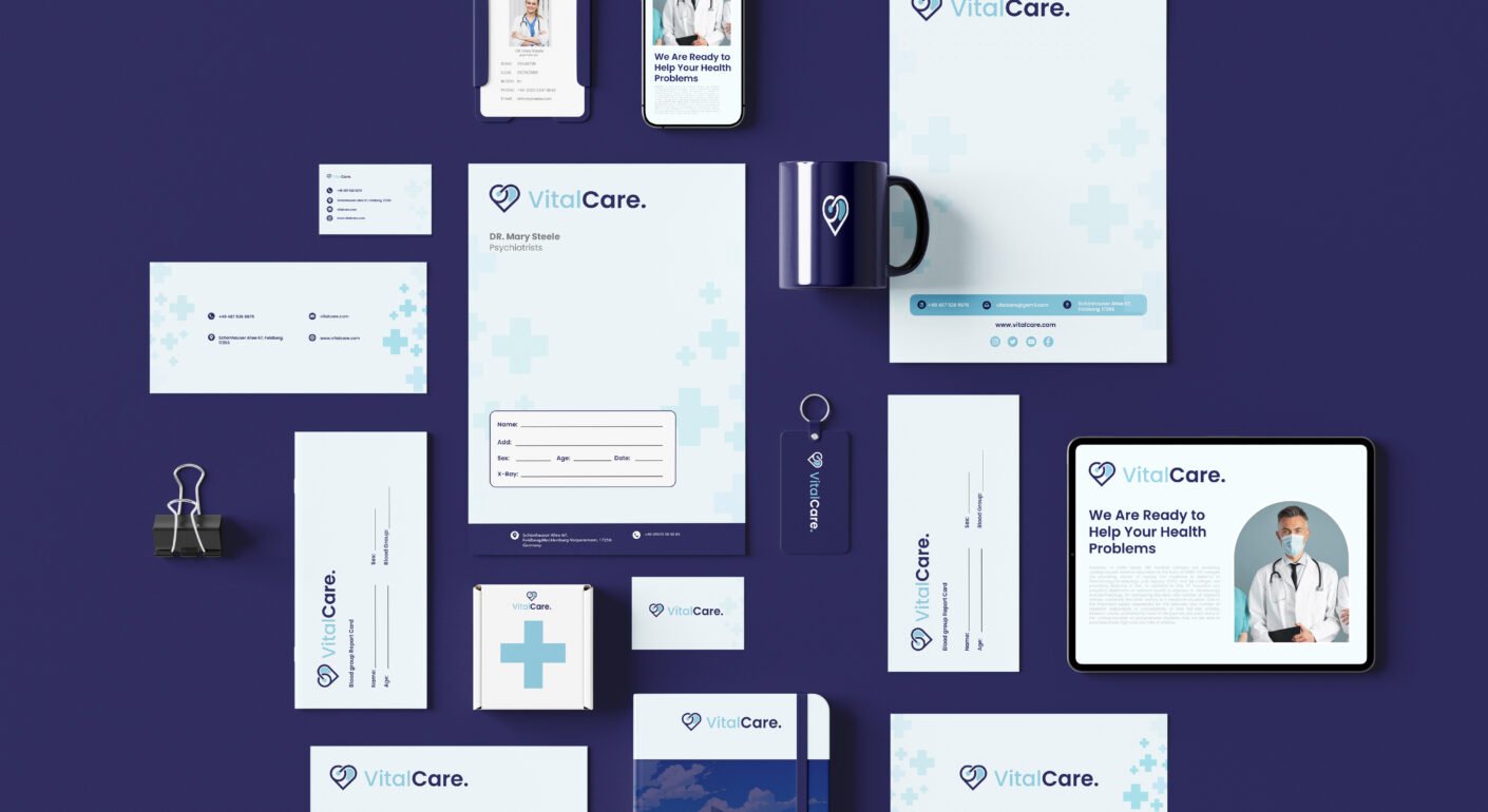 Healthcare brand identity mockup featuring medical stationery, ID cards, mobile app screens, packaging, and digital healthcare branding assets.