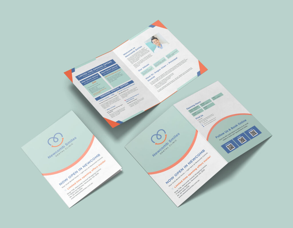 Professional dental clinic tri-fold brochure.