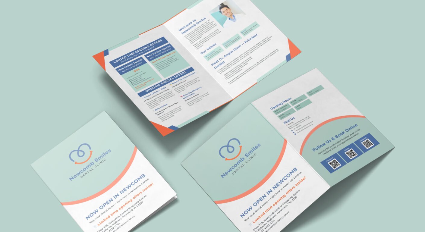 Professional dental clinic tri-fold brochure.