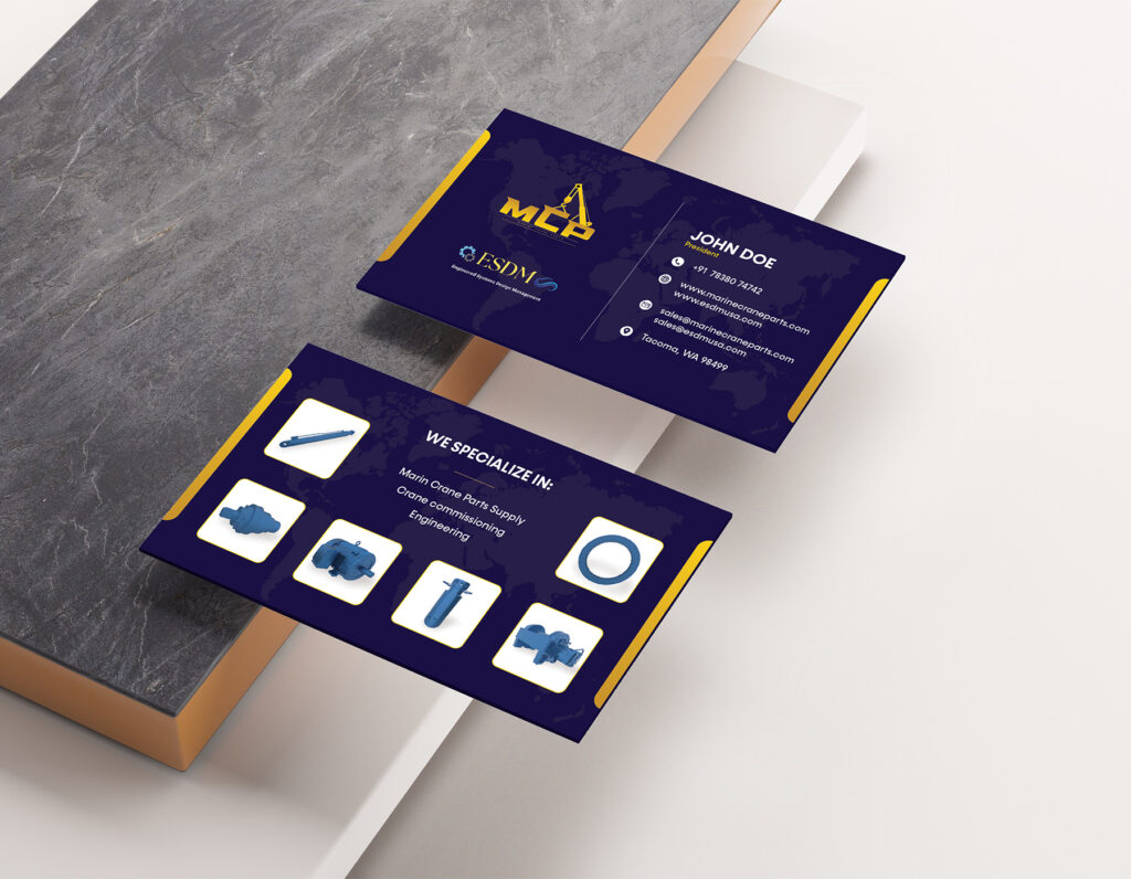 Industrial business card mockup featuring marine crane services branding with professional contact details and equipment illustrations.