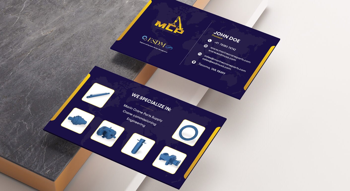 Industrial business card mockup featuring marine crane services branding with professional contact details and equipment illustrations.