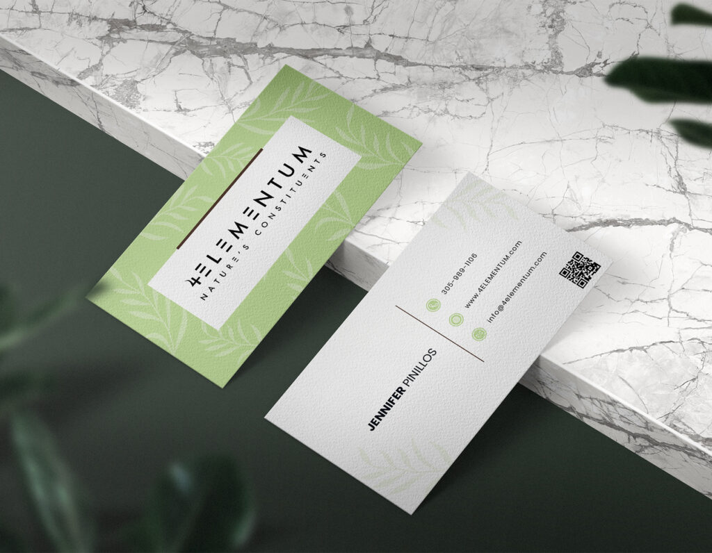 Eco-friendly business card mockup featuring green botanical branding, QR code, and minimalist natural wellness identity design.