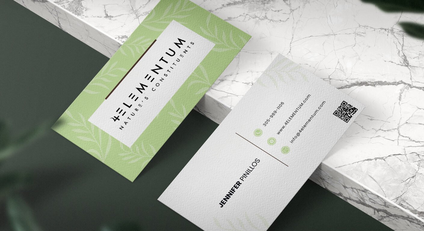 Eco-friendly business card mockup featuring green botanical branding, QR code, and minimalist natural wellness identity design.