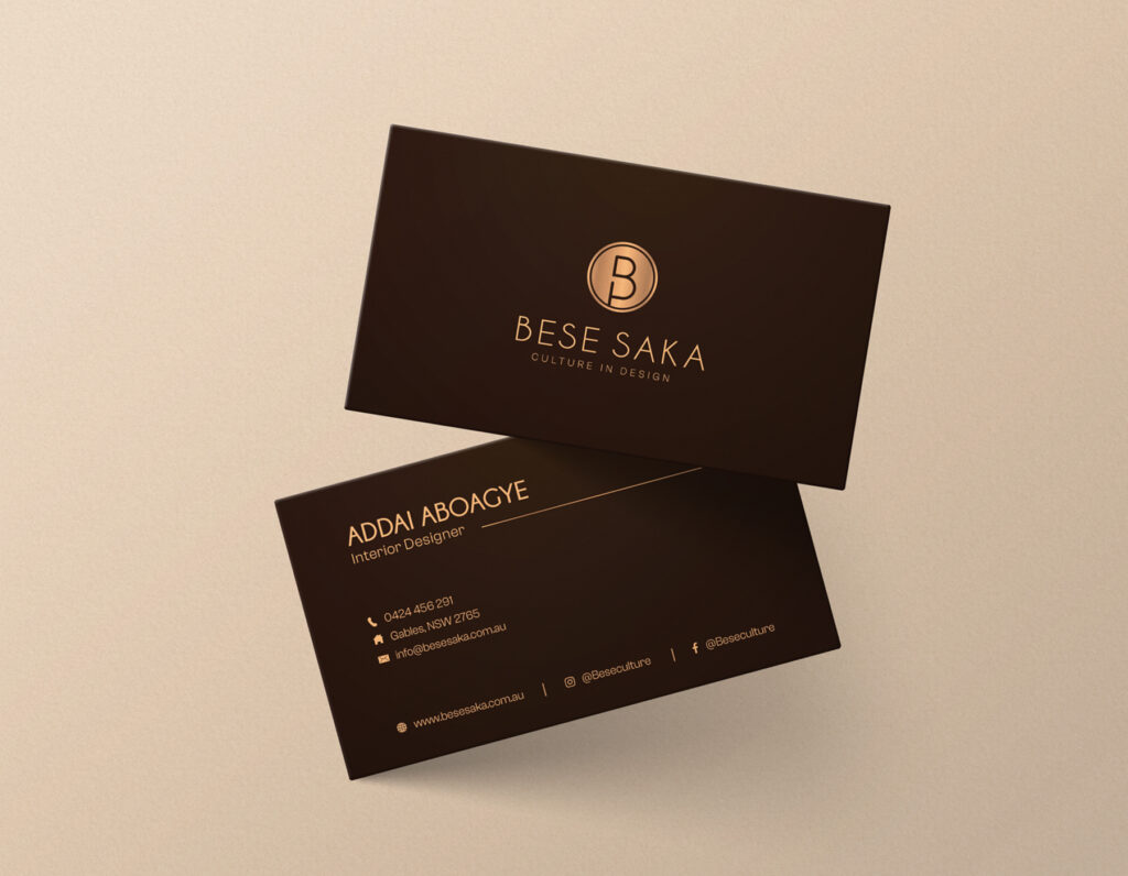 Luxury dark business card mockup for an interior design brand featuring elegant typography and premium corporate branding.