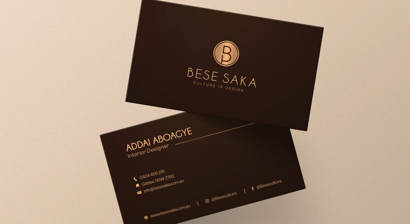 Luxury dark business card mockup for an interior design brand featuring elegant typography and premium corporate branding.