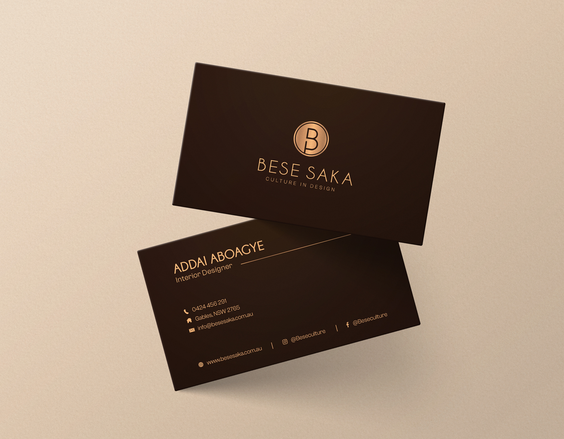 Luxury dark business card mockup for an interior design brand featuring elegant typography and premium corporate branding.