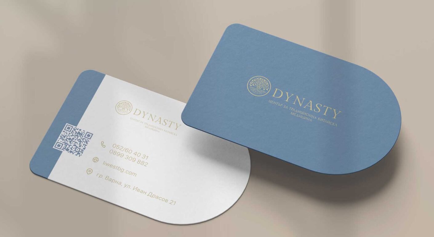 Blue and white rounded business card mockup featuring luxury branding, QR code, and elegant corporate identity design.