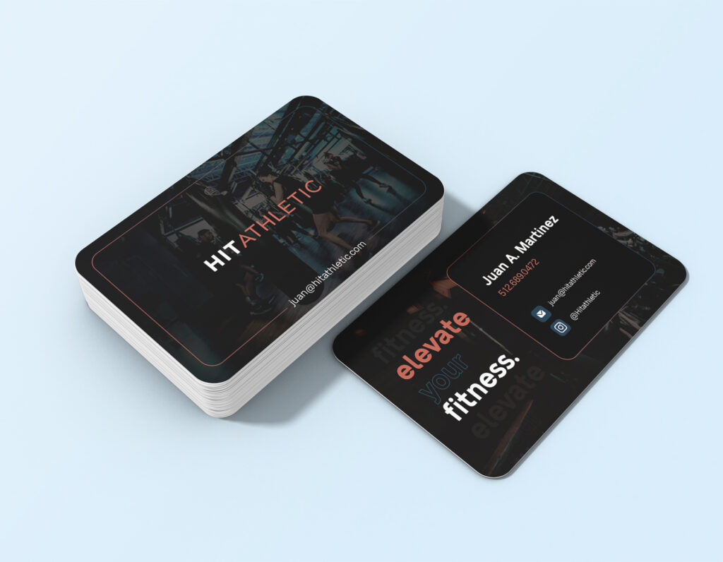 Modern fitness business card mockup with dark theme, gym branding, contact details, and motivational typography.