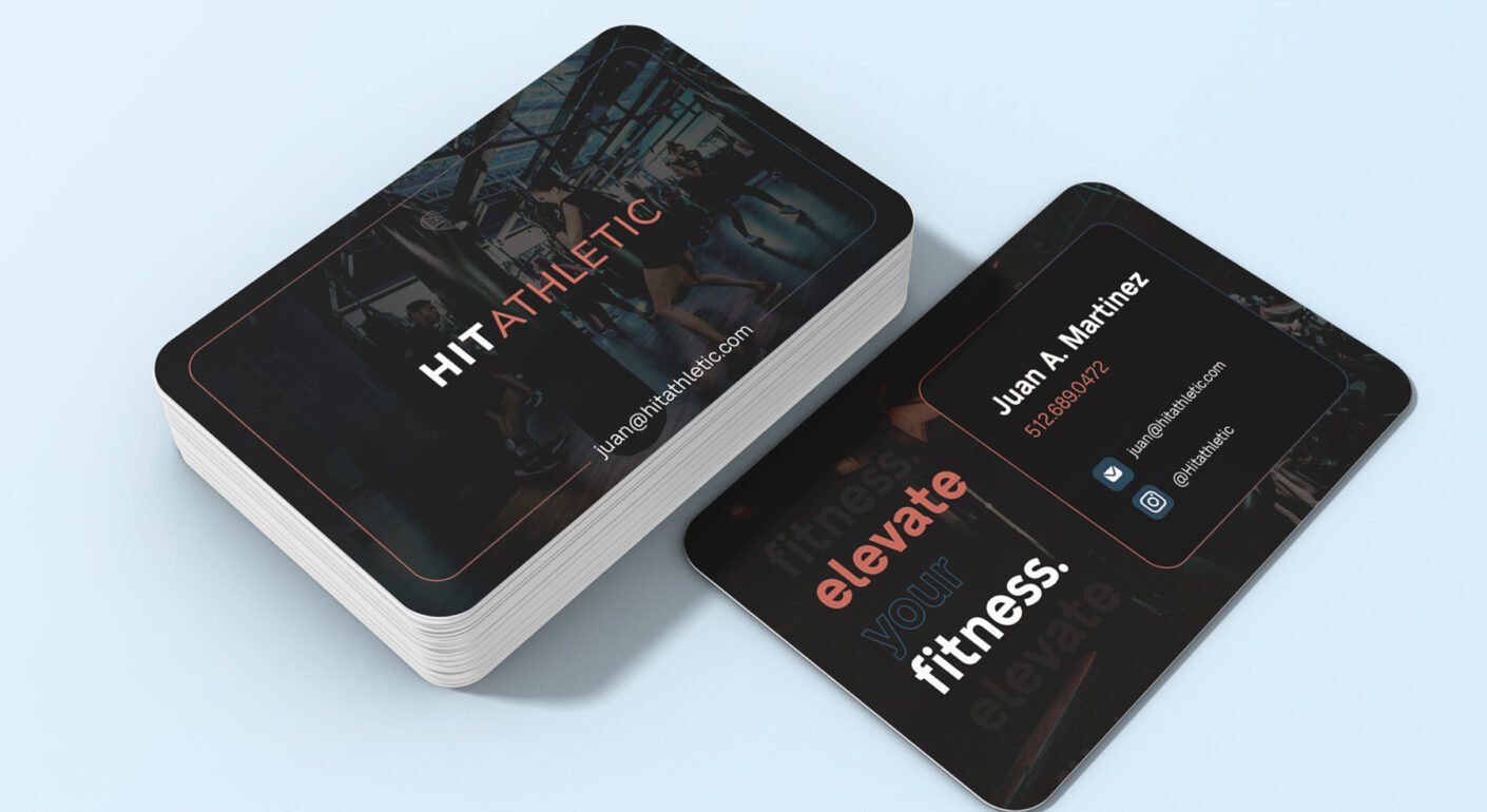 Modern fitness business card mockup with dark theme, gym branding, contact details, and motivational typography.