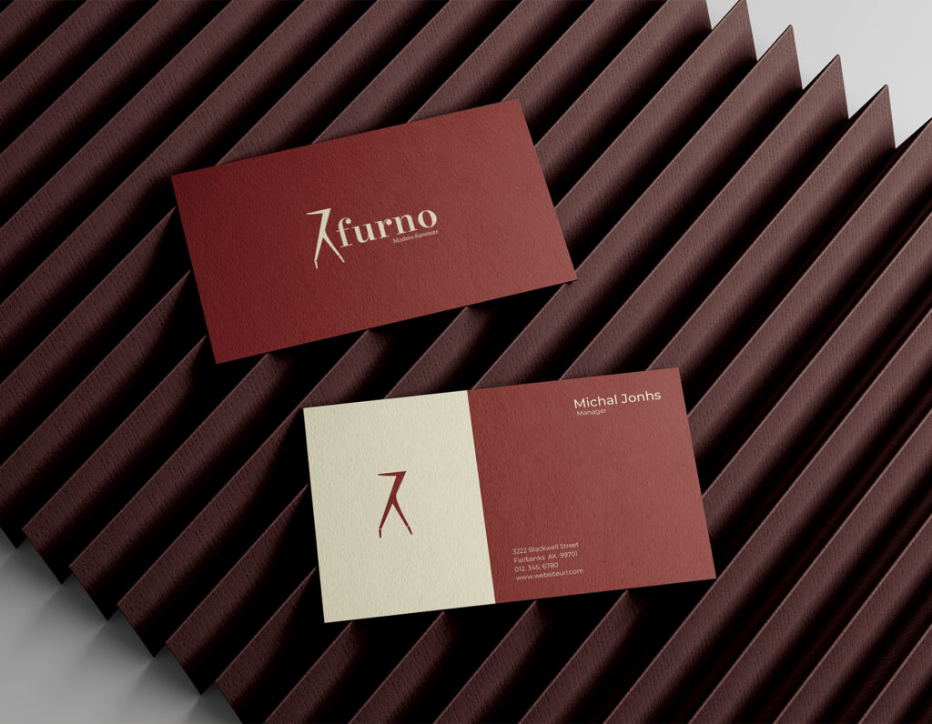 Luxury furniture business card mockup with minimalist branding and premium textured card design.