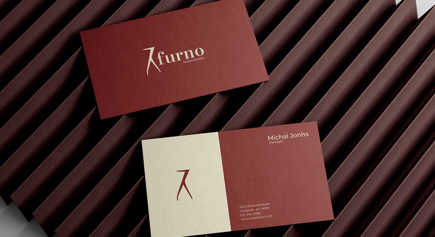 Luxury furniture business card mockup with minimalist branding and premium textured card design.