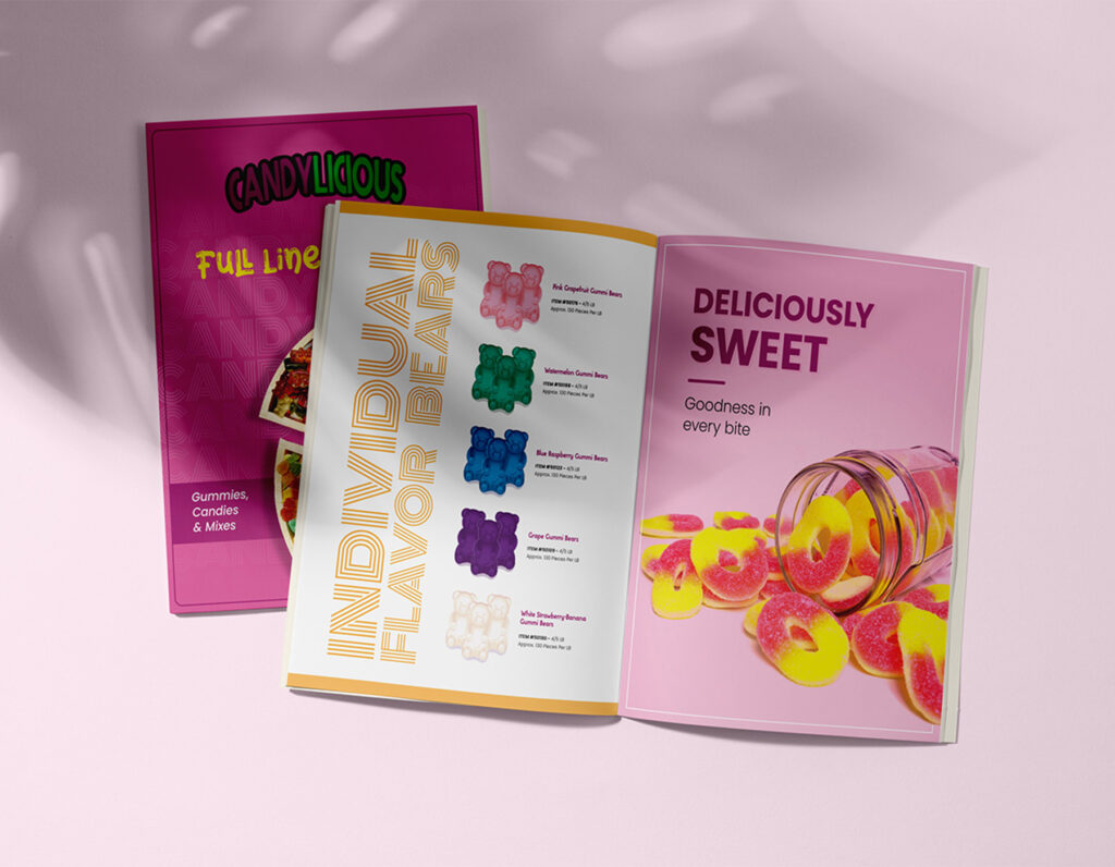Colorful candy product catalog brochure design with product showcase.