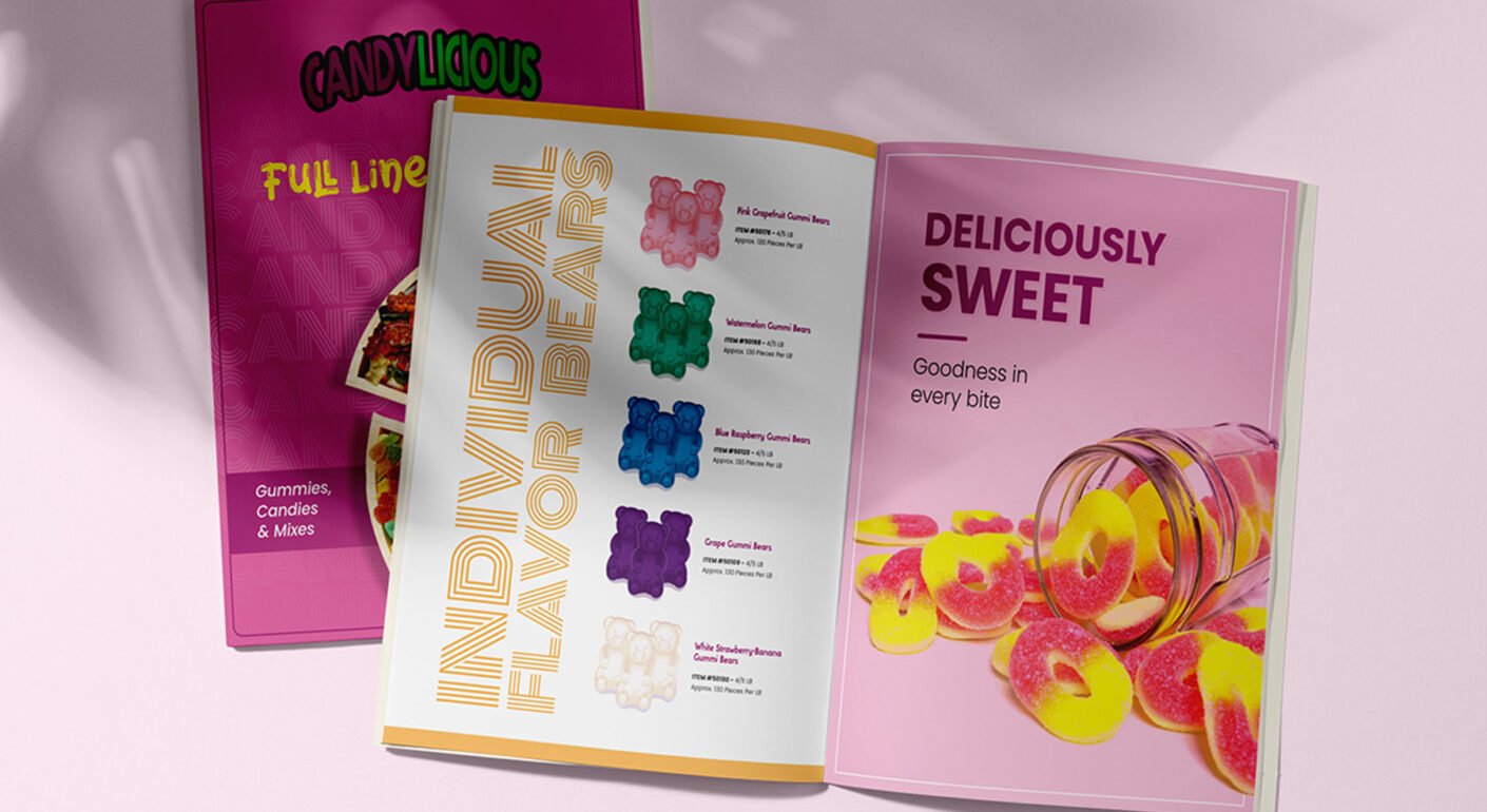 Colorful candy product catalog brochure design with product showcase.