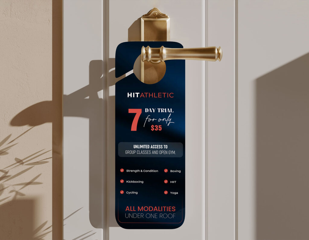 Professional gym promotional door hanger design with fitness branding.