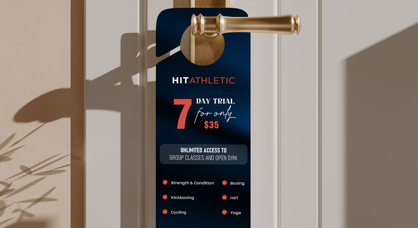 Professional gym promotional door hanger design with fitness branding.