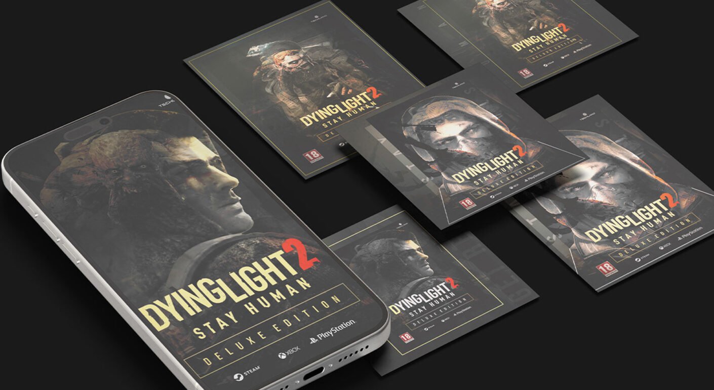 Video game promotional poster design with dark cinematic artwork