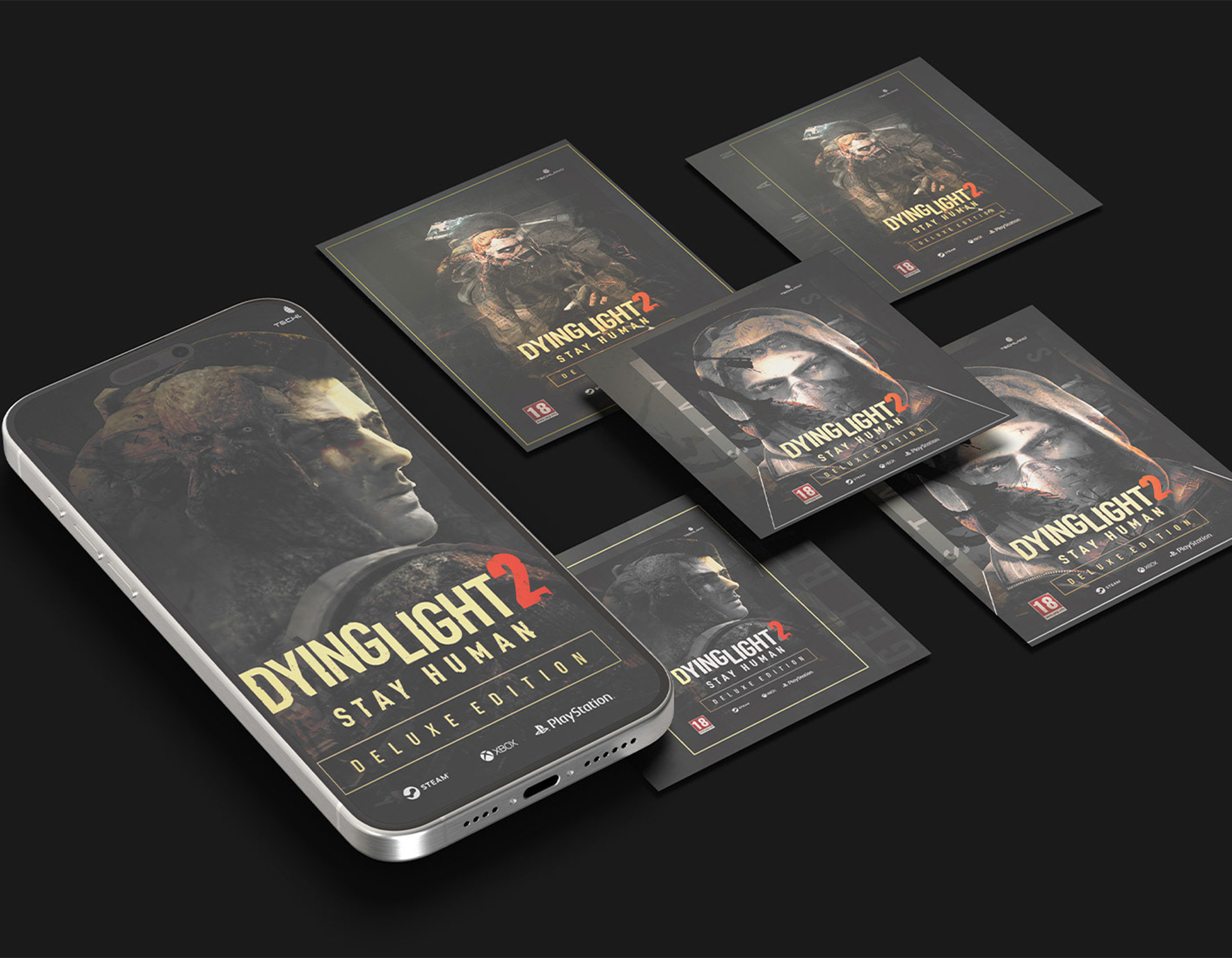 Video game promotional poster design with dark cinematic artwork