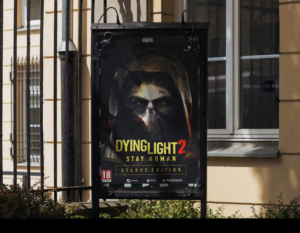 Outdoor video game advertising poster design with cinematic artwork.