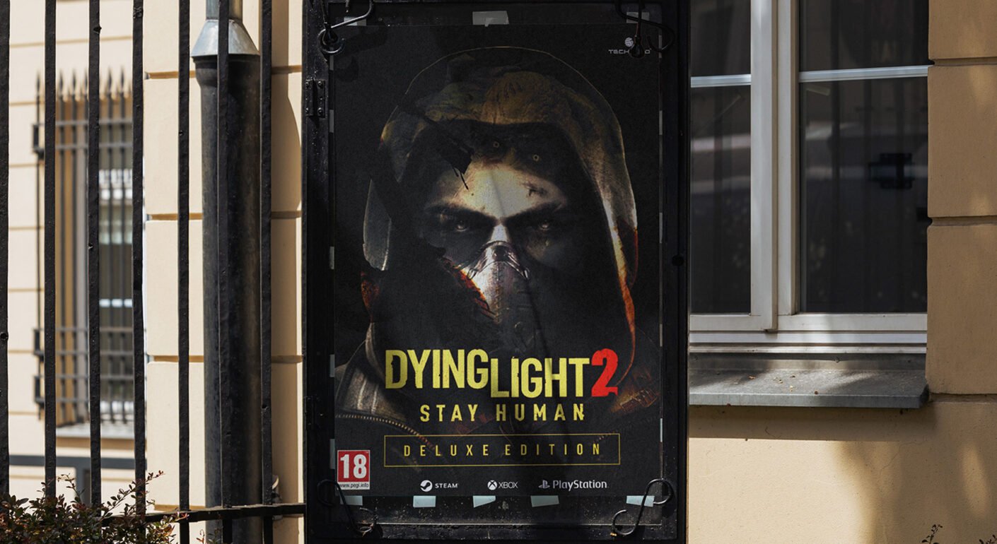 Outdoor video game advertising poster design with cinematic artwork.