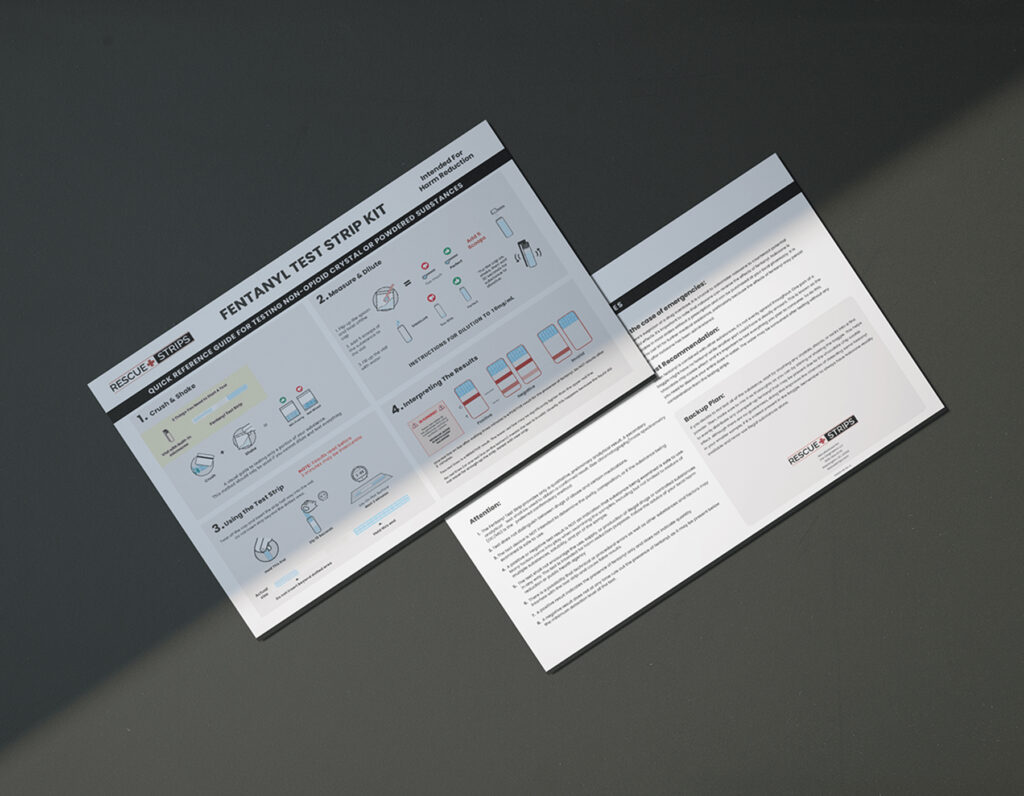 Medical instruction booklet with fentanyl test strip testing guide.