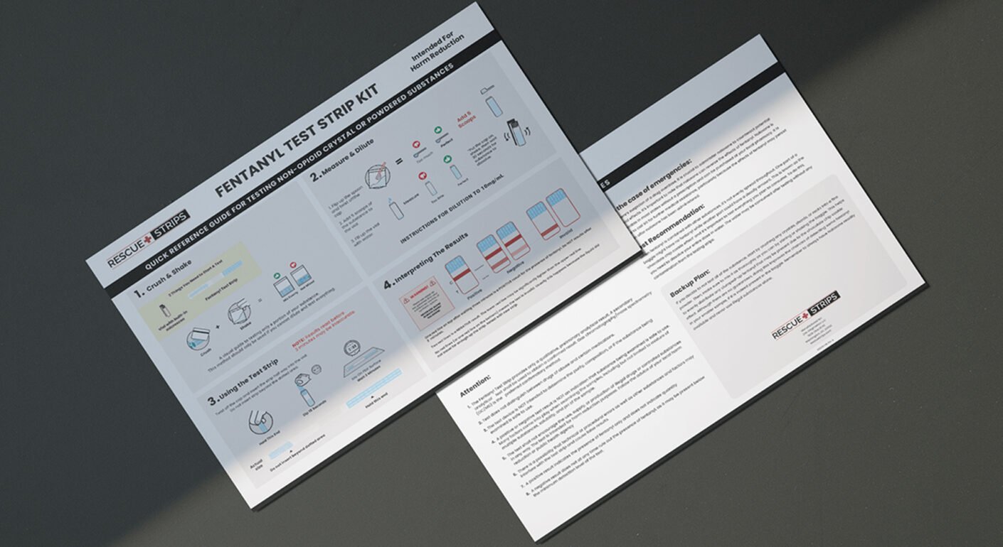 Medical instruction booklet with fentanyl test strip testing guide.