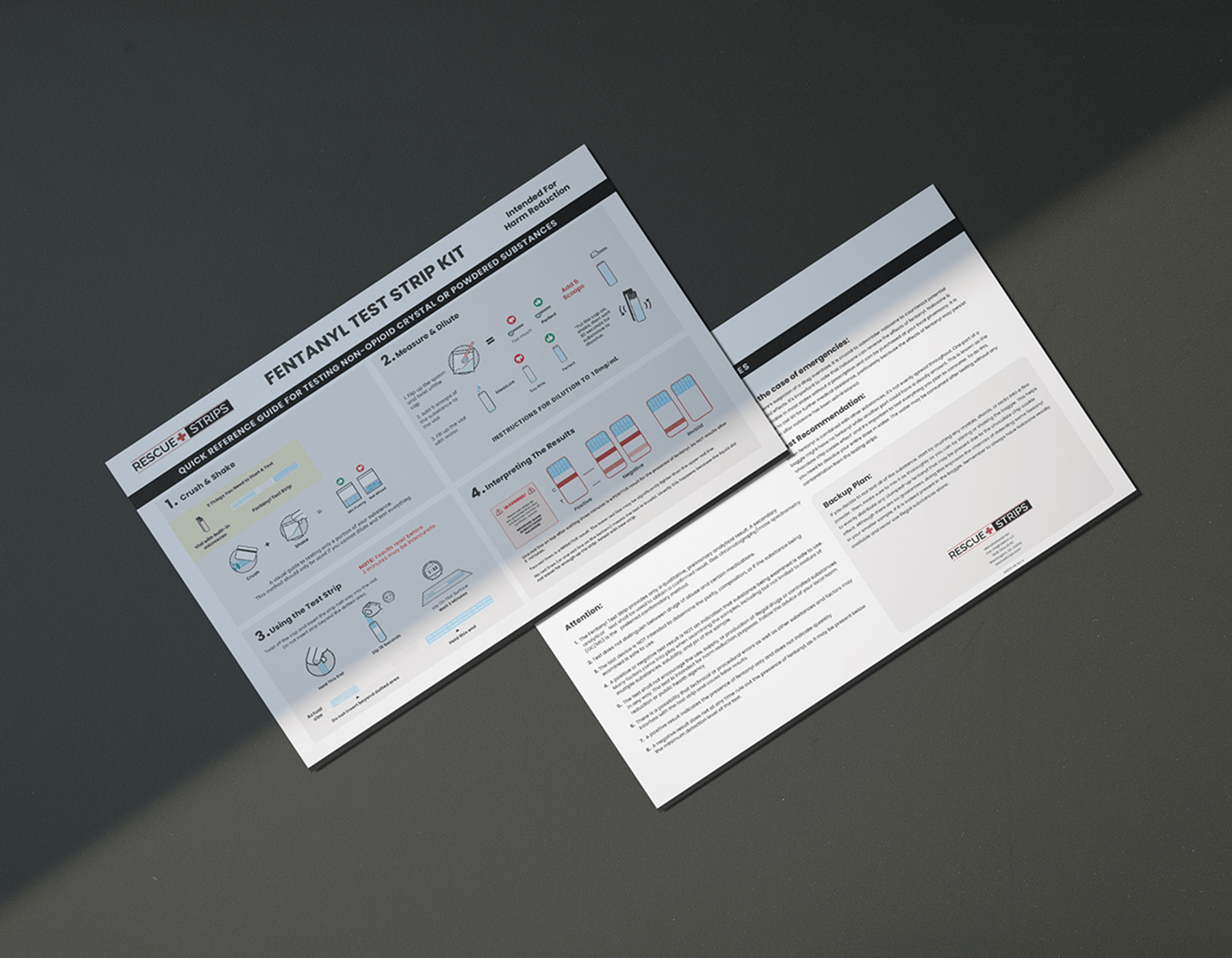 Medical instruction booklet with fentanyl test strip testing guide.