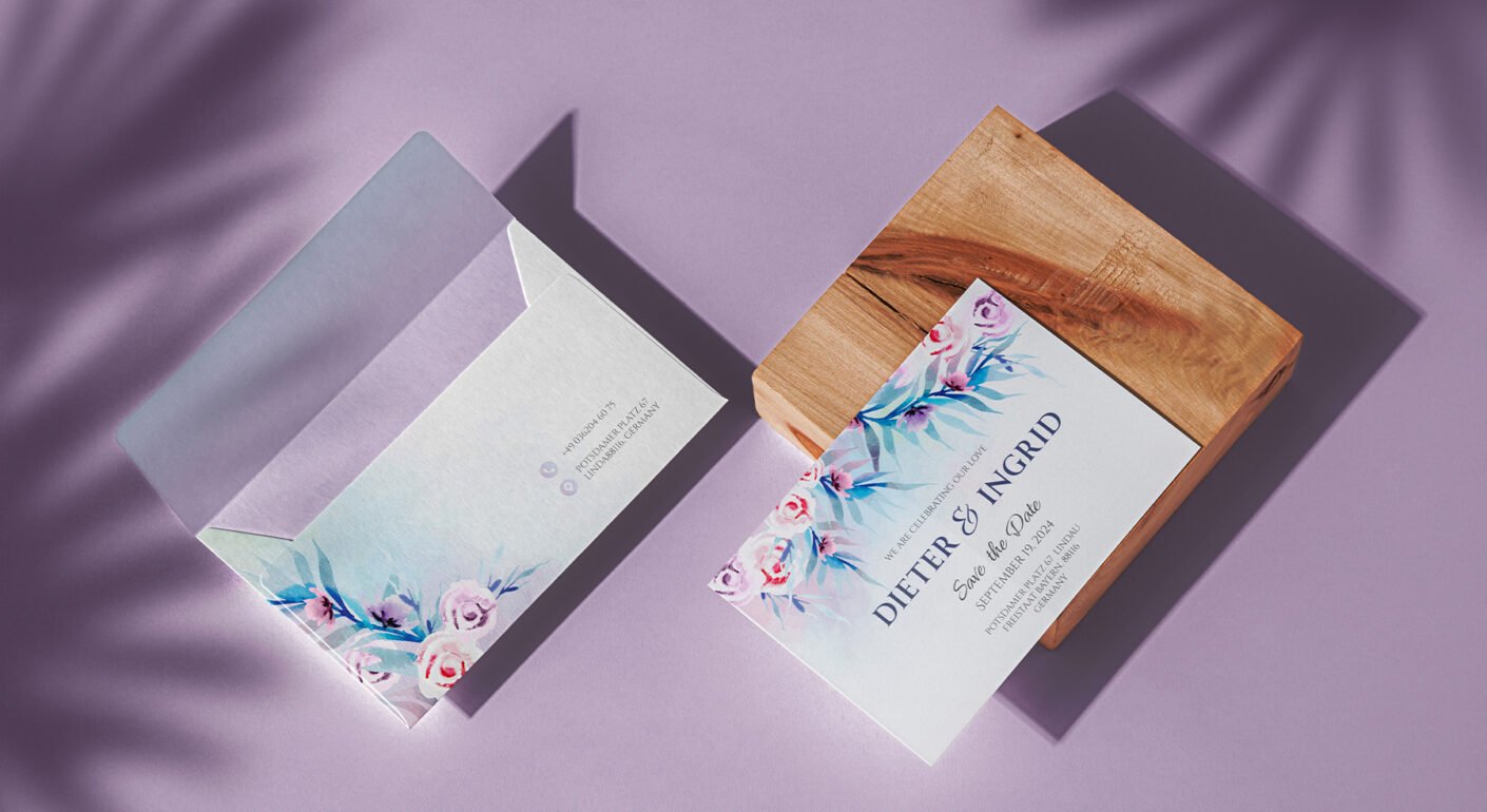 Elegant floral wedding invitation card and envelope mockup.
