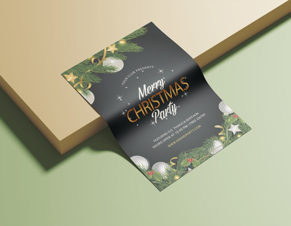Elegant Christmas party invitation flyer with festive decorations.