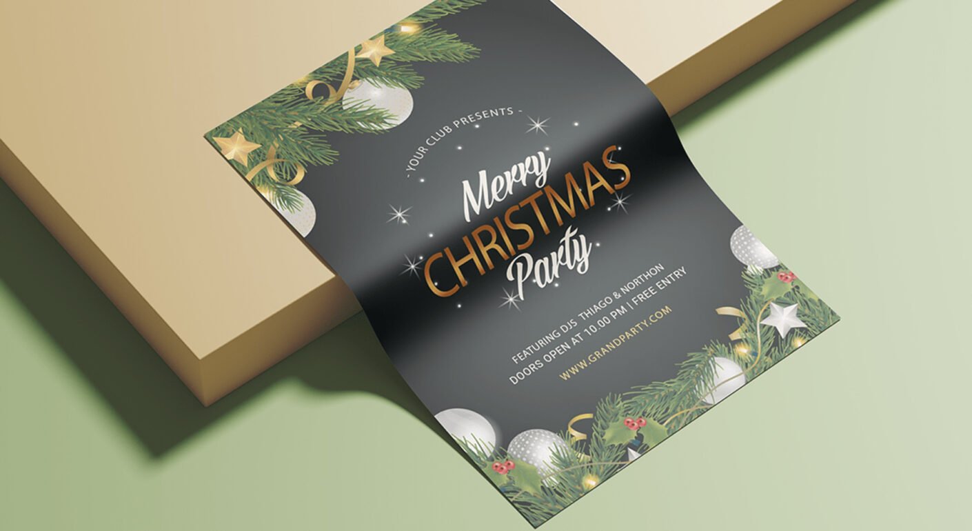 Elegant Christmas party invitation flyer with festive decorations.