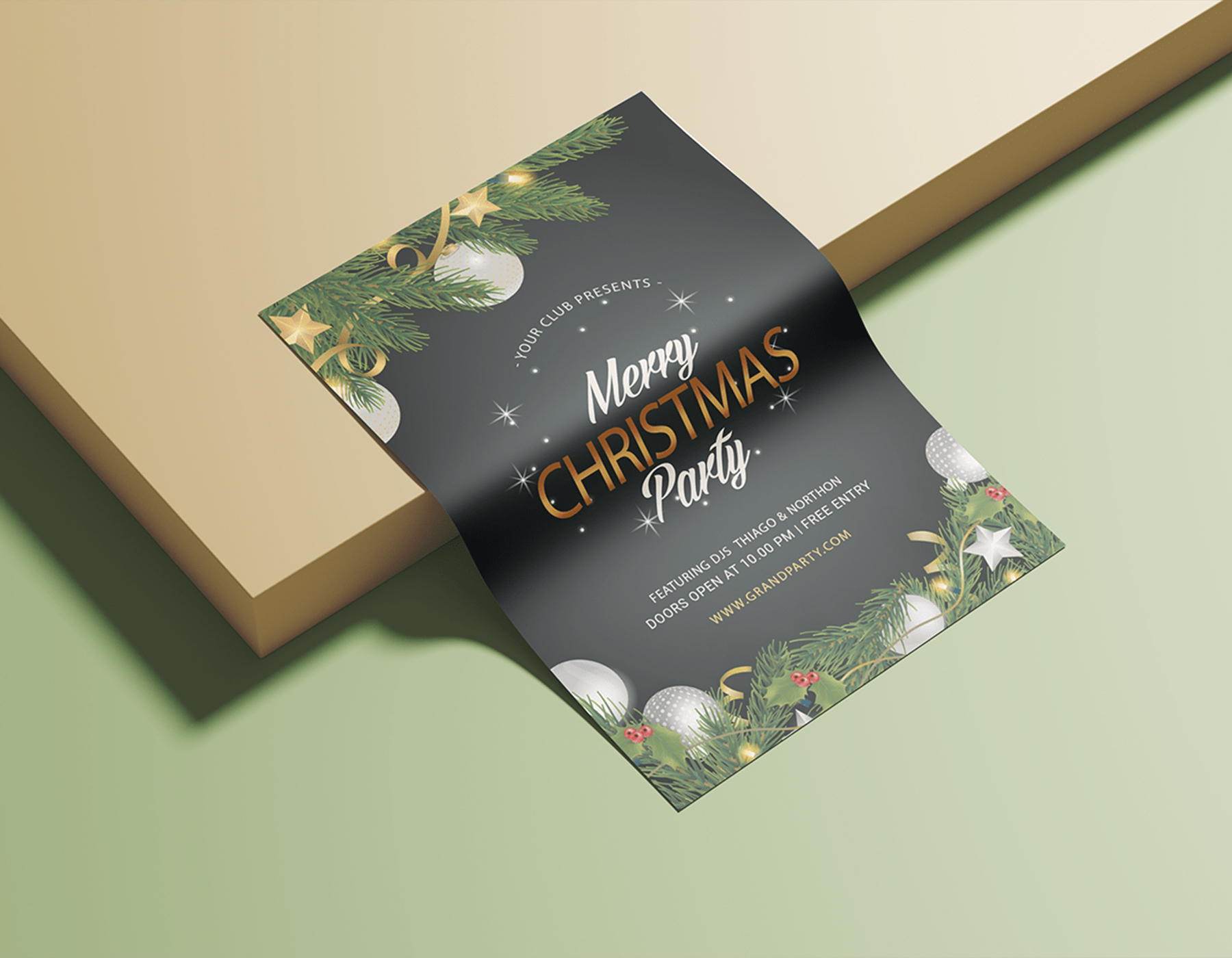 Elegant Christmas party invitation flyer with festive decorations.