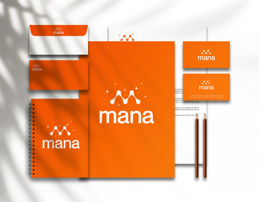 Turquoise branded notebook, business card, pen, and door hanger mockup on a bright yellow background.