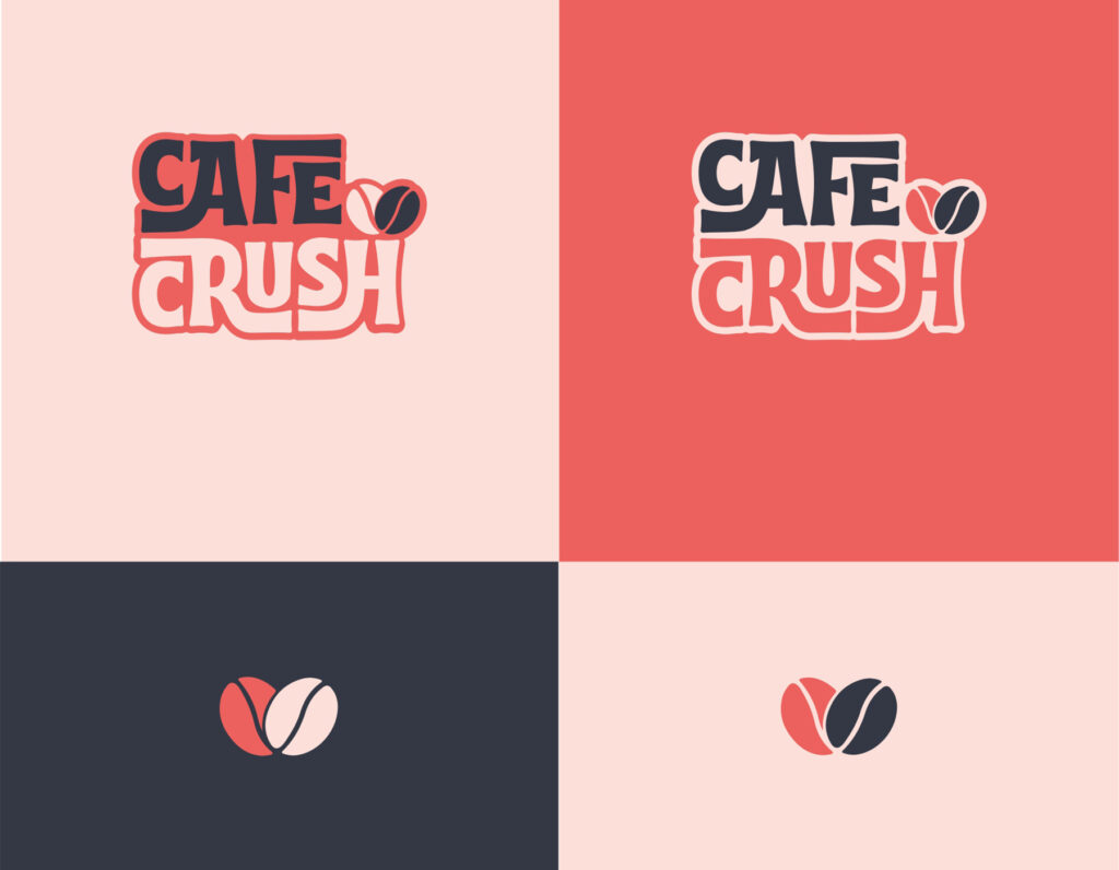 Cafe Crush logo design featuring custom typography and coffee bean icon in a modern brand identity presentation.