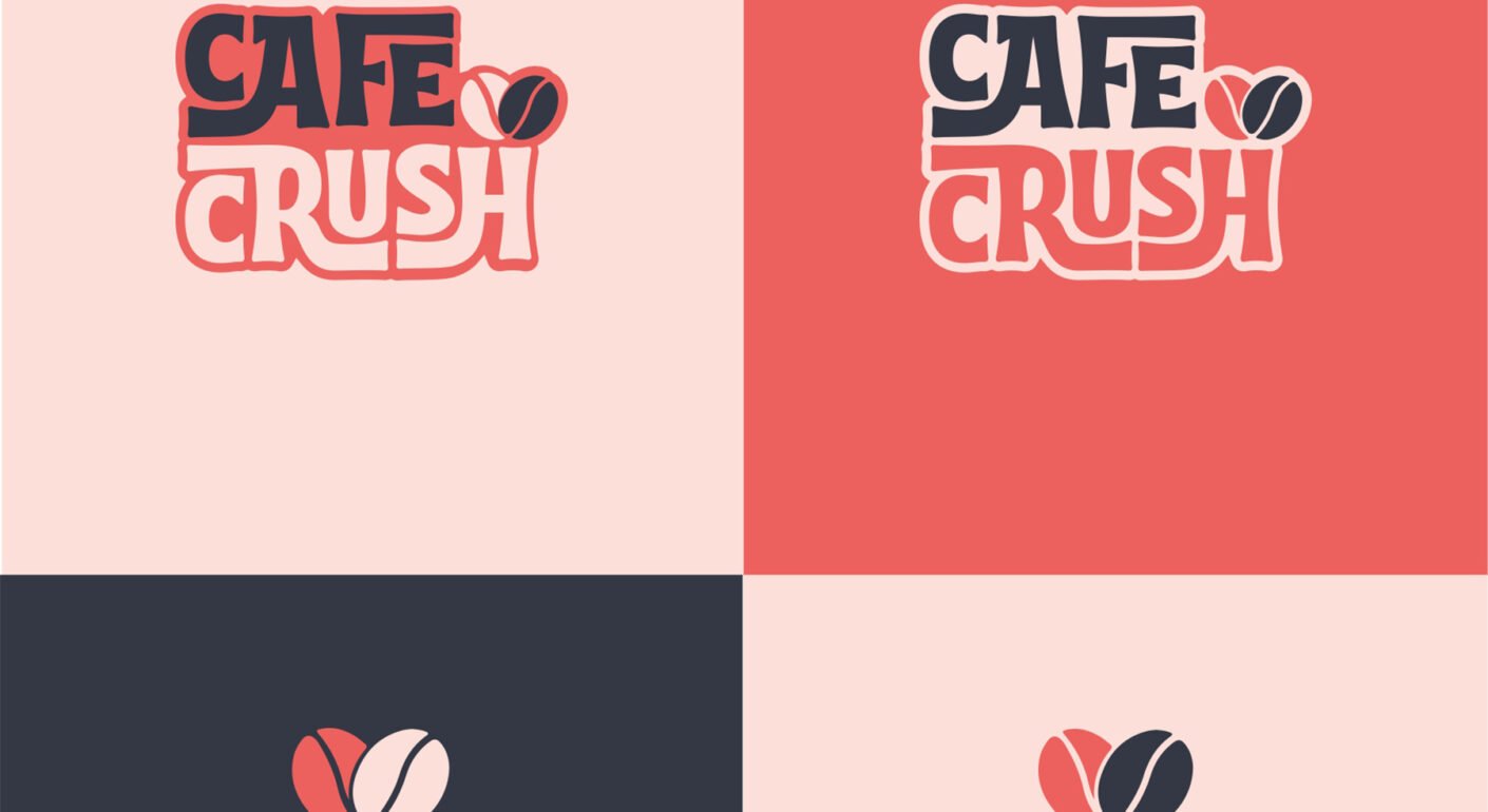 Cafe Crush logo design featuring custom typography and coffee bean icon in a modern brand identity presentation.