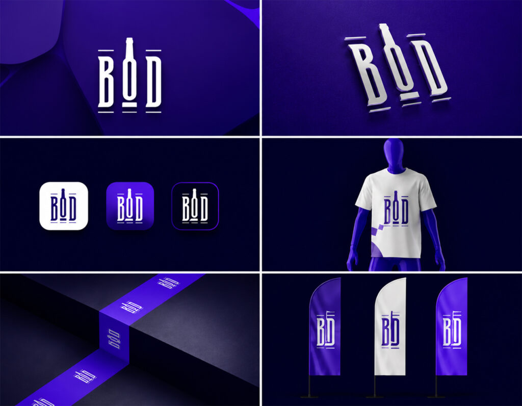 Modern purple and white BOD logo branding mockup with app icons, apparel, ribbon, and flag designs.