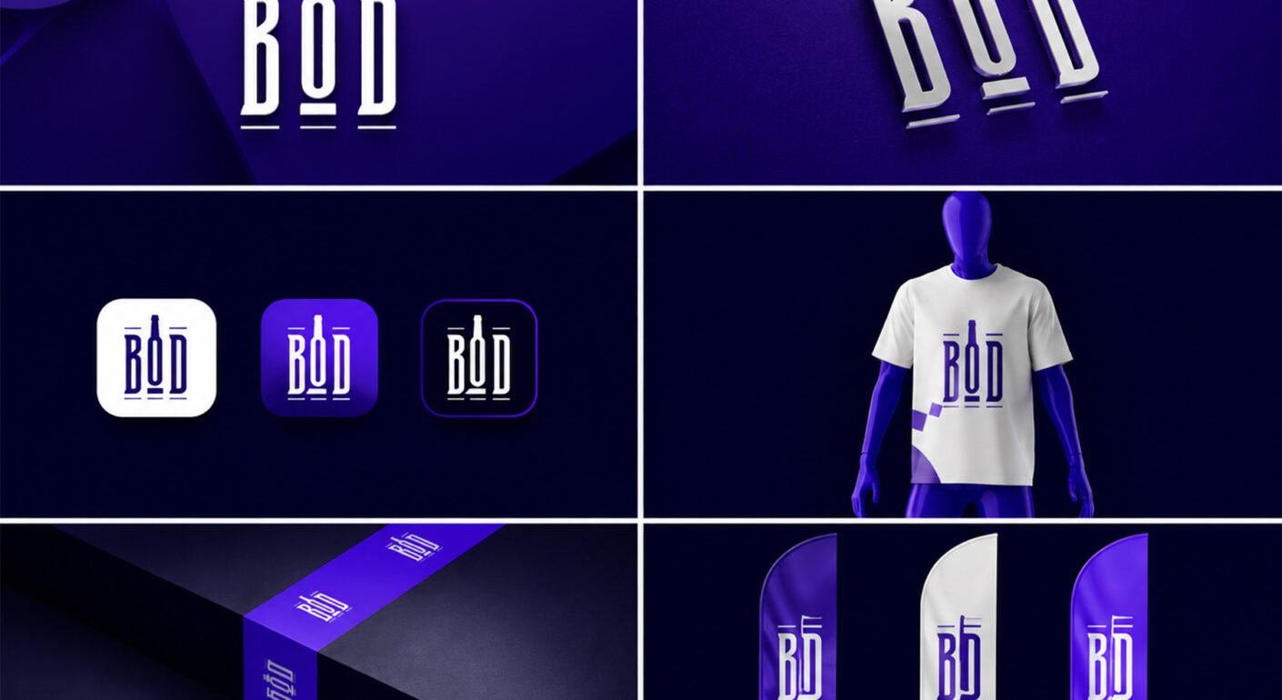 Modern purple and white BOD logo branding mockup with app icons, apparel, ribbon, and flag designs.
