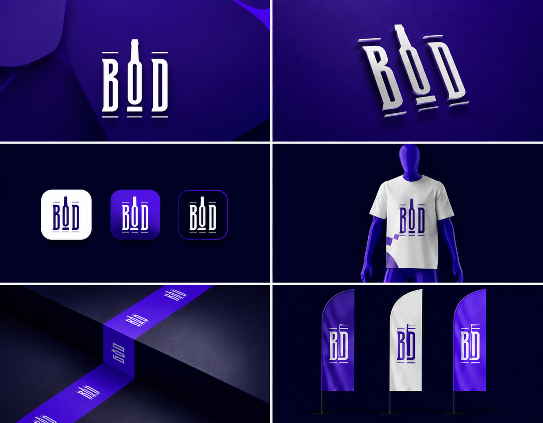 Modern purple and white BOD logo branding mockup with app icons, apparel, ribbon, and flag designs.