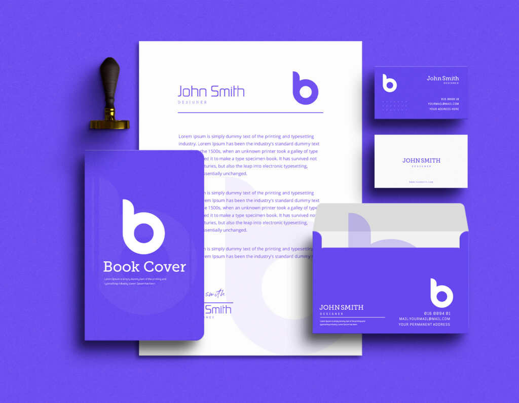 Purple and white corporate branding stationery mockup featuring logo, business card, envelope, letterhead, and book cover.