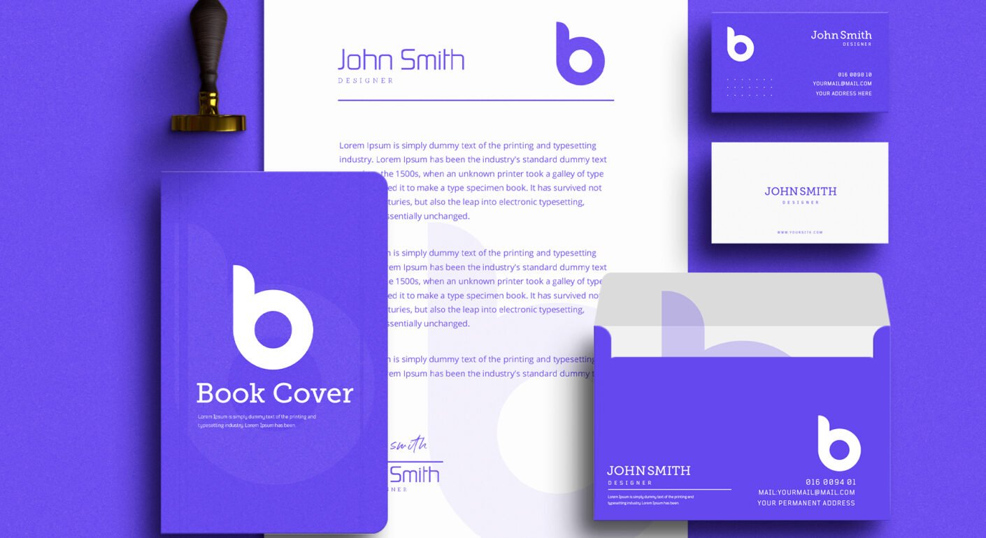 Purple and white corporate branding stationery mockup featuring logo, business card, envelope, letterhead, and book cover.