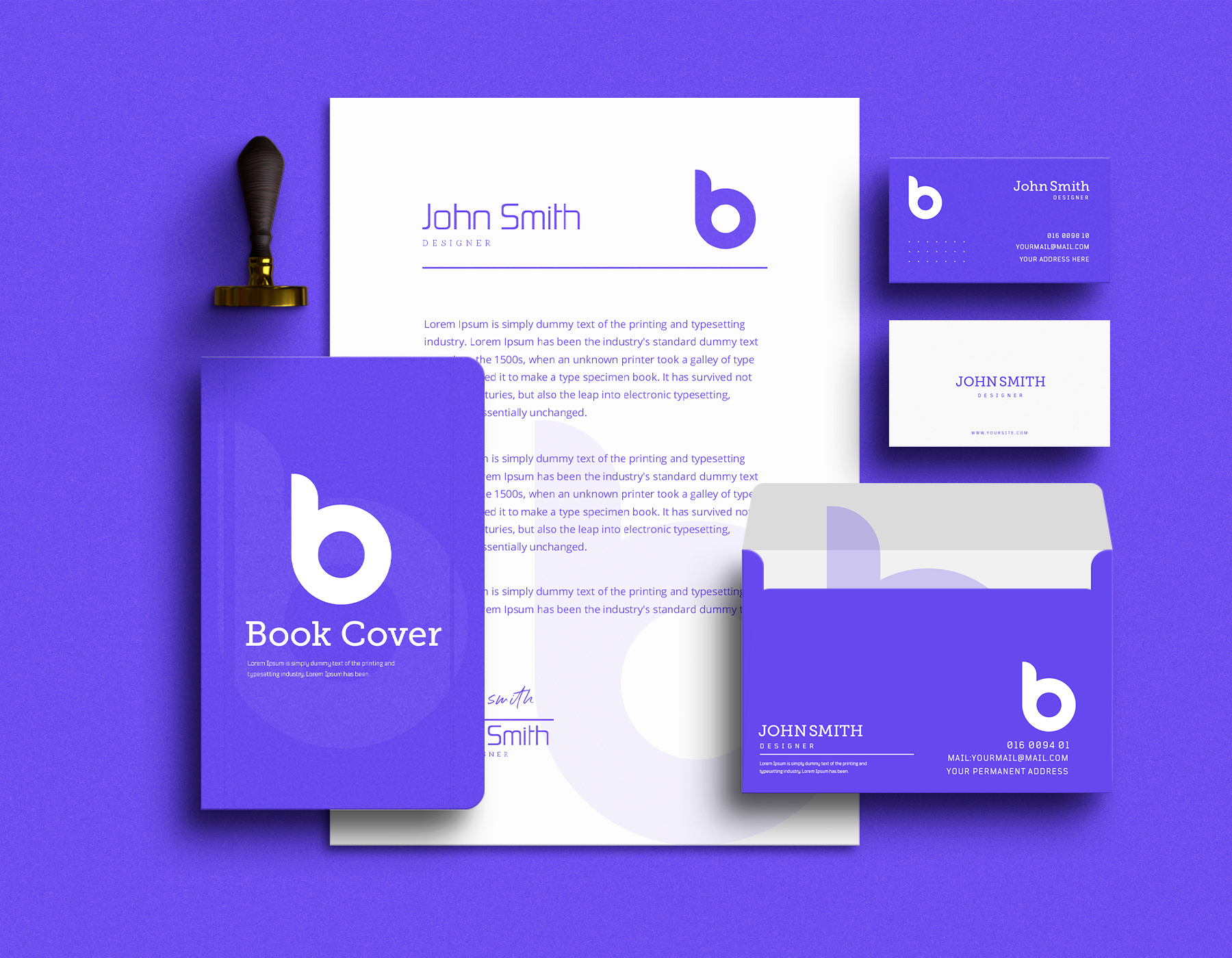 Purple and white corporate branding stationery mockup featuring logo, business card, envelope, letterhead, and book cover.