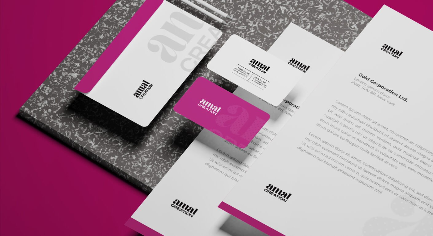 Pink and white corporate stationery branding mockup featuring business cards, letterhead, notepad, and brand identity materials.