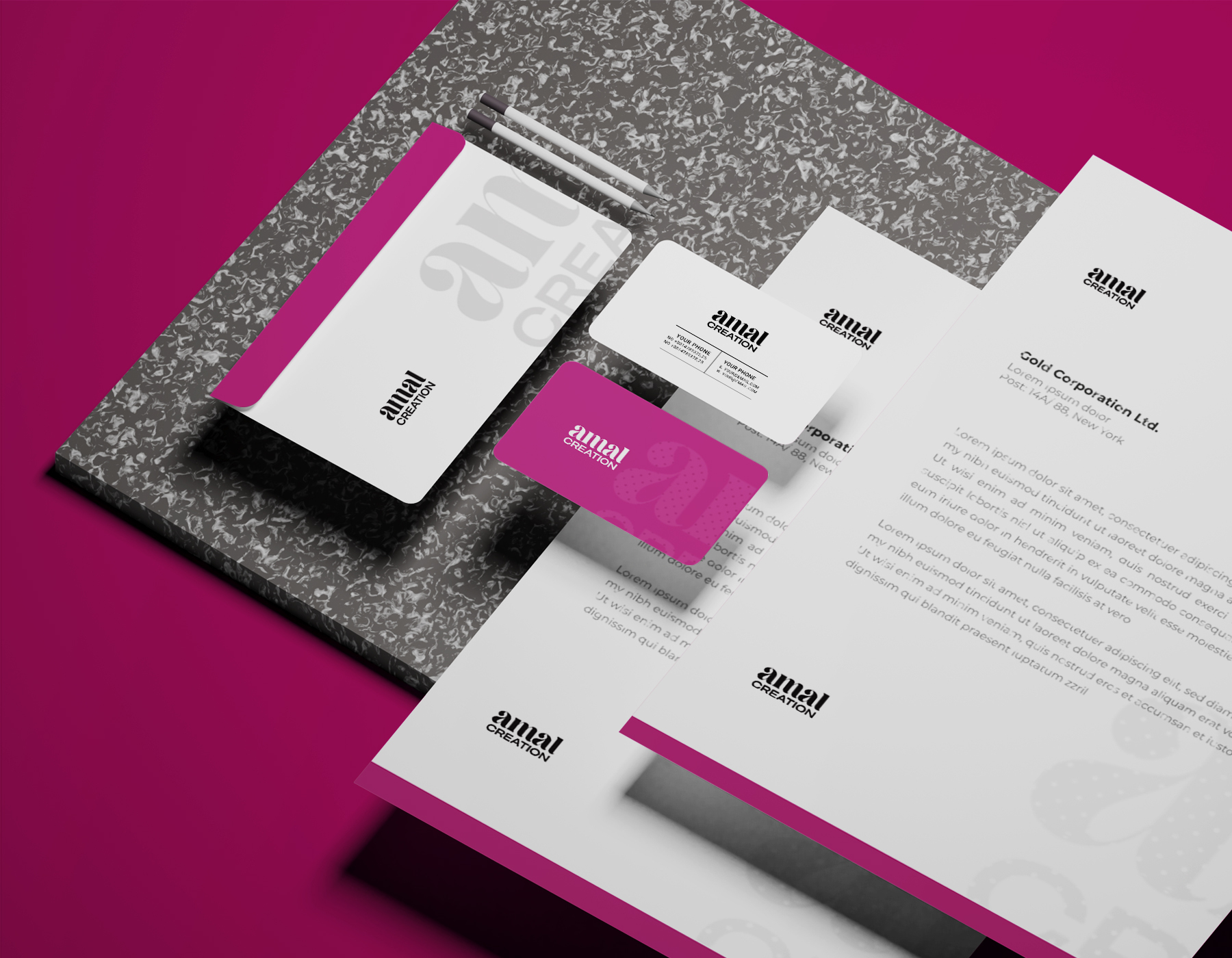 Pink and white corporate stationery branding mockup featuring business cards, letterhead, notepad, and brand identity materials.