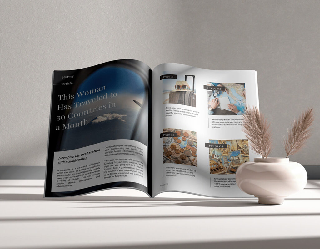 Modern travel magazine layout with editorial design.