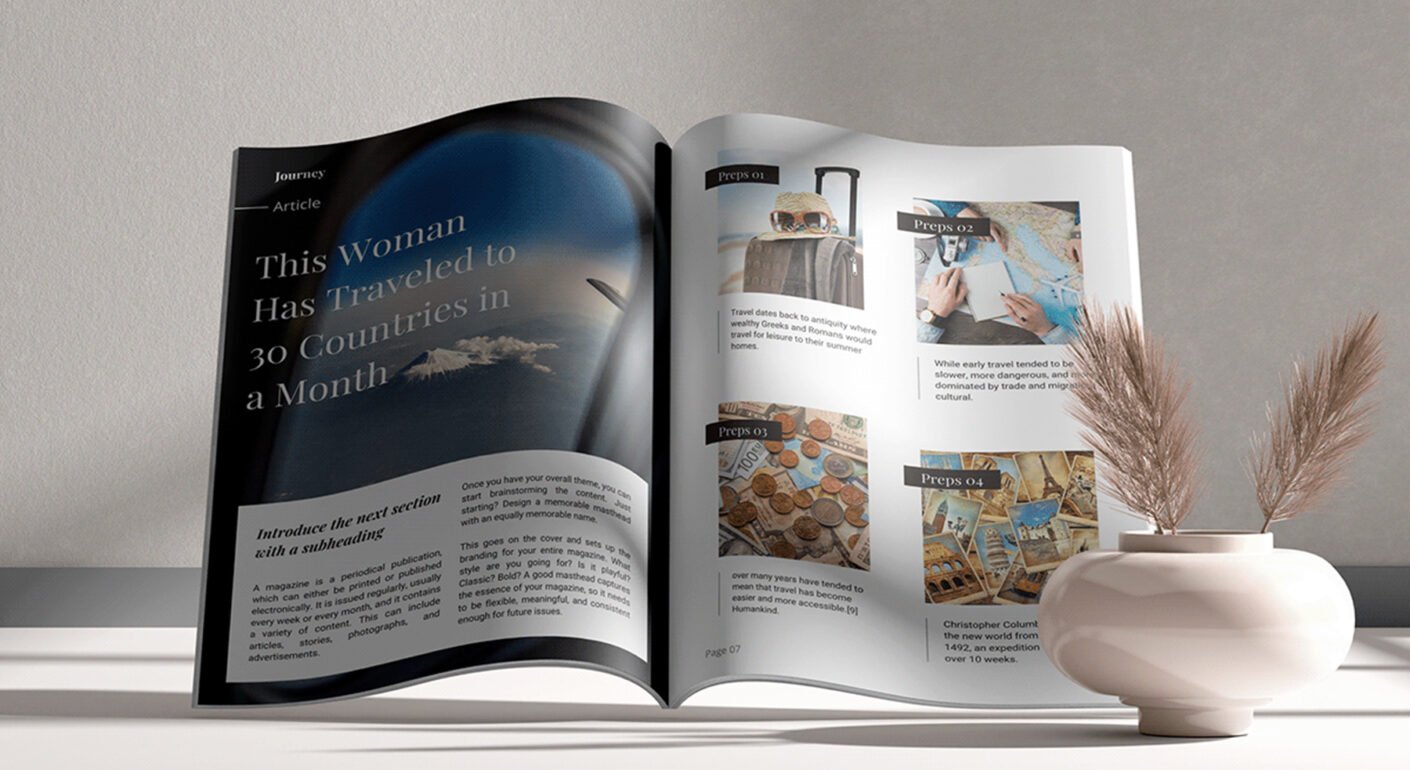 Modern travel magazine layout with editorial design.