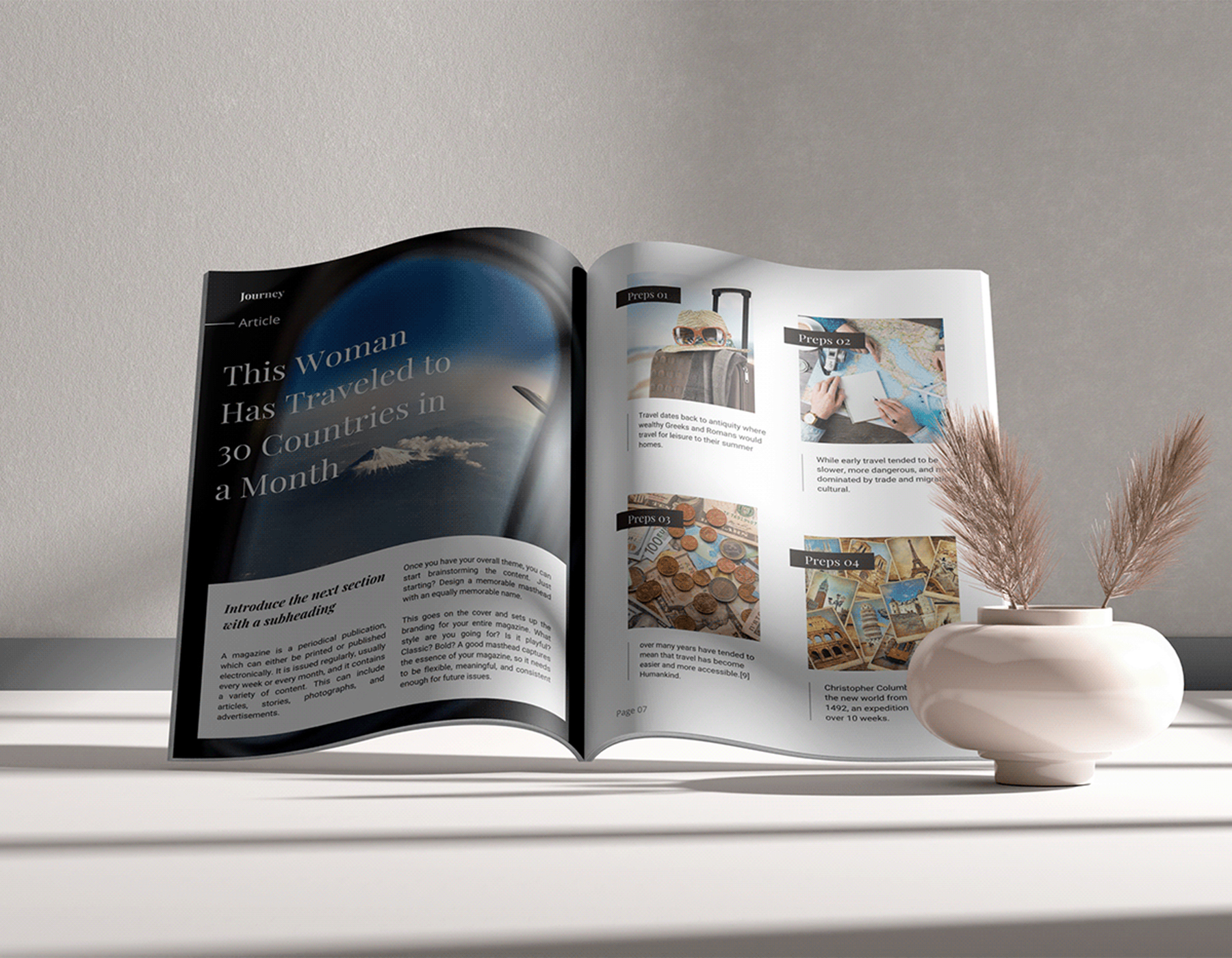 Modern travel magazine layout with editorial design.
